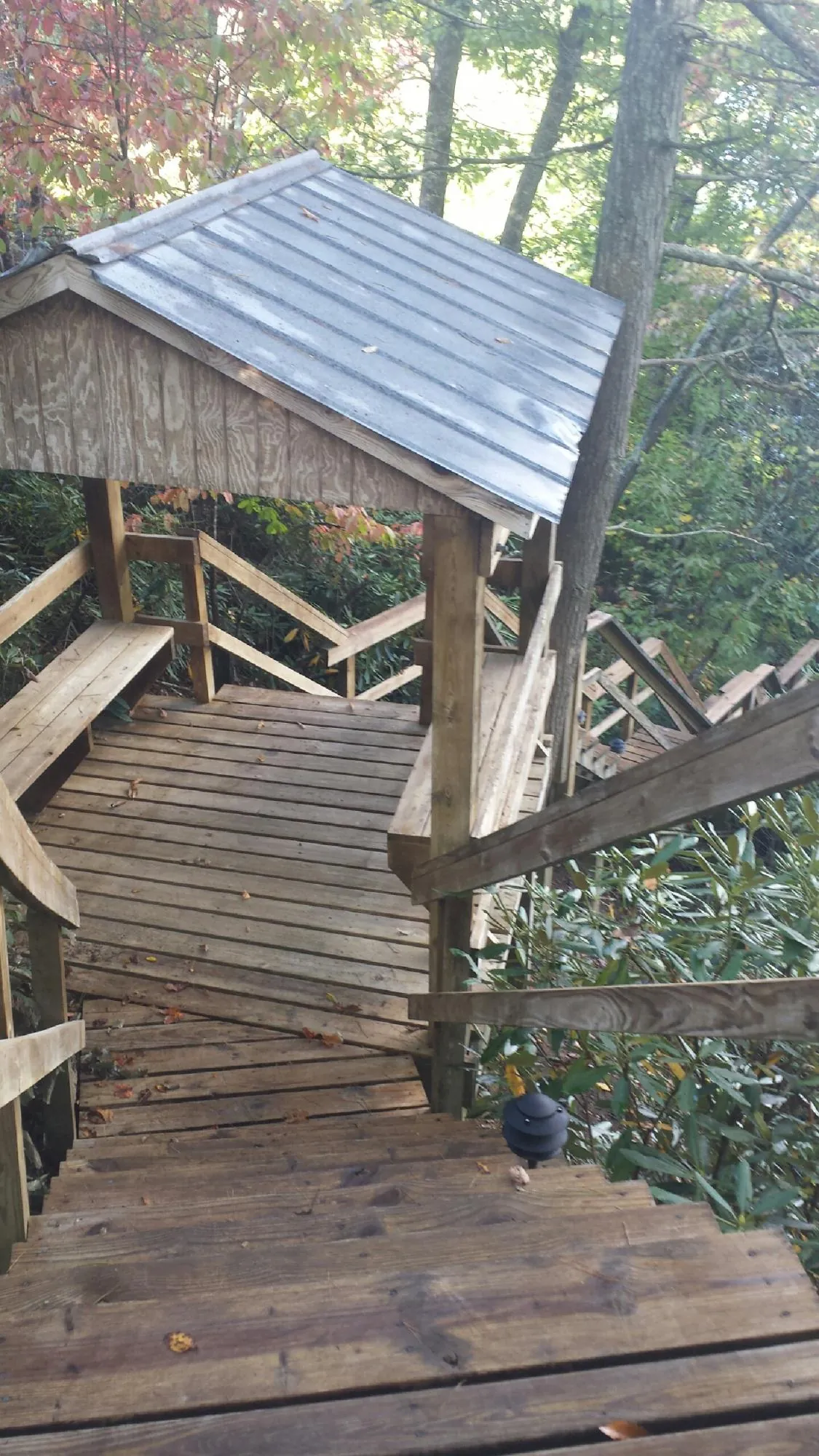 Metal roofed shelter over wooden steps on a wooded walkway — Skylight Repair & Installation work by our crew in Manito